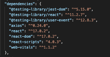 Axios in package dot json Axios in package.json